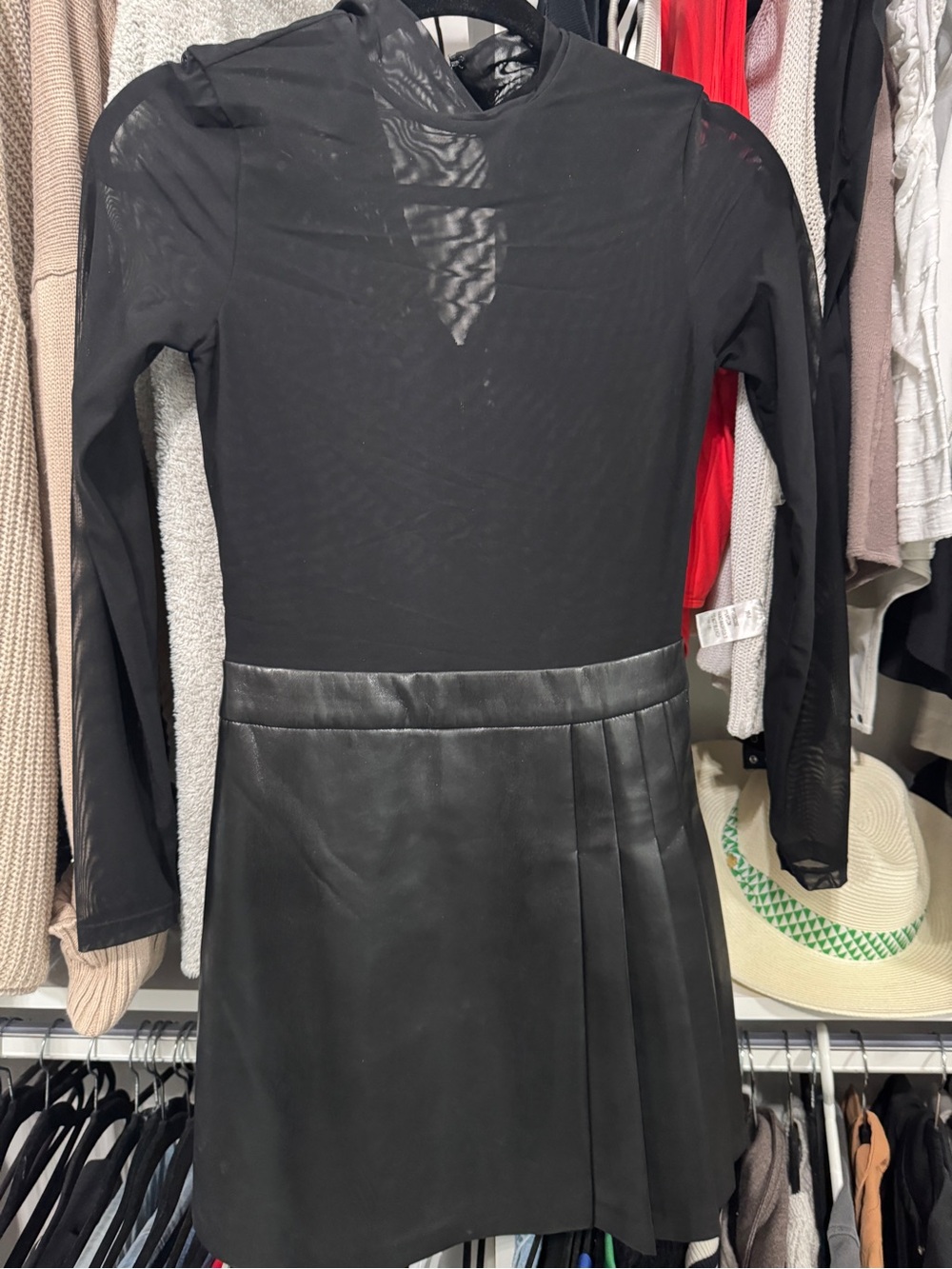 Alice + Olivia Black Long-Sleeve Mesh Top Faux Leather Pleated Skirt Dress